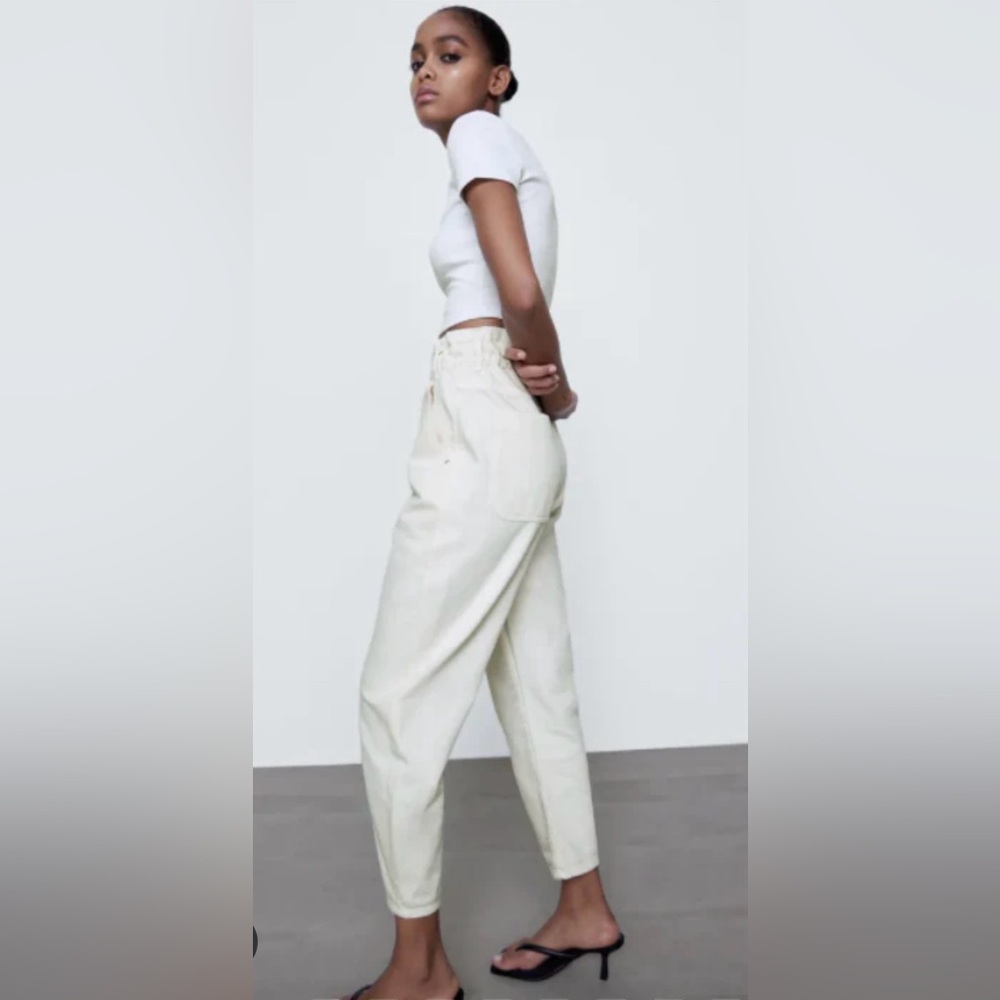 Zara White Paperbag Waist Trousers Jeans Size 10 - Picture 11 of 12